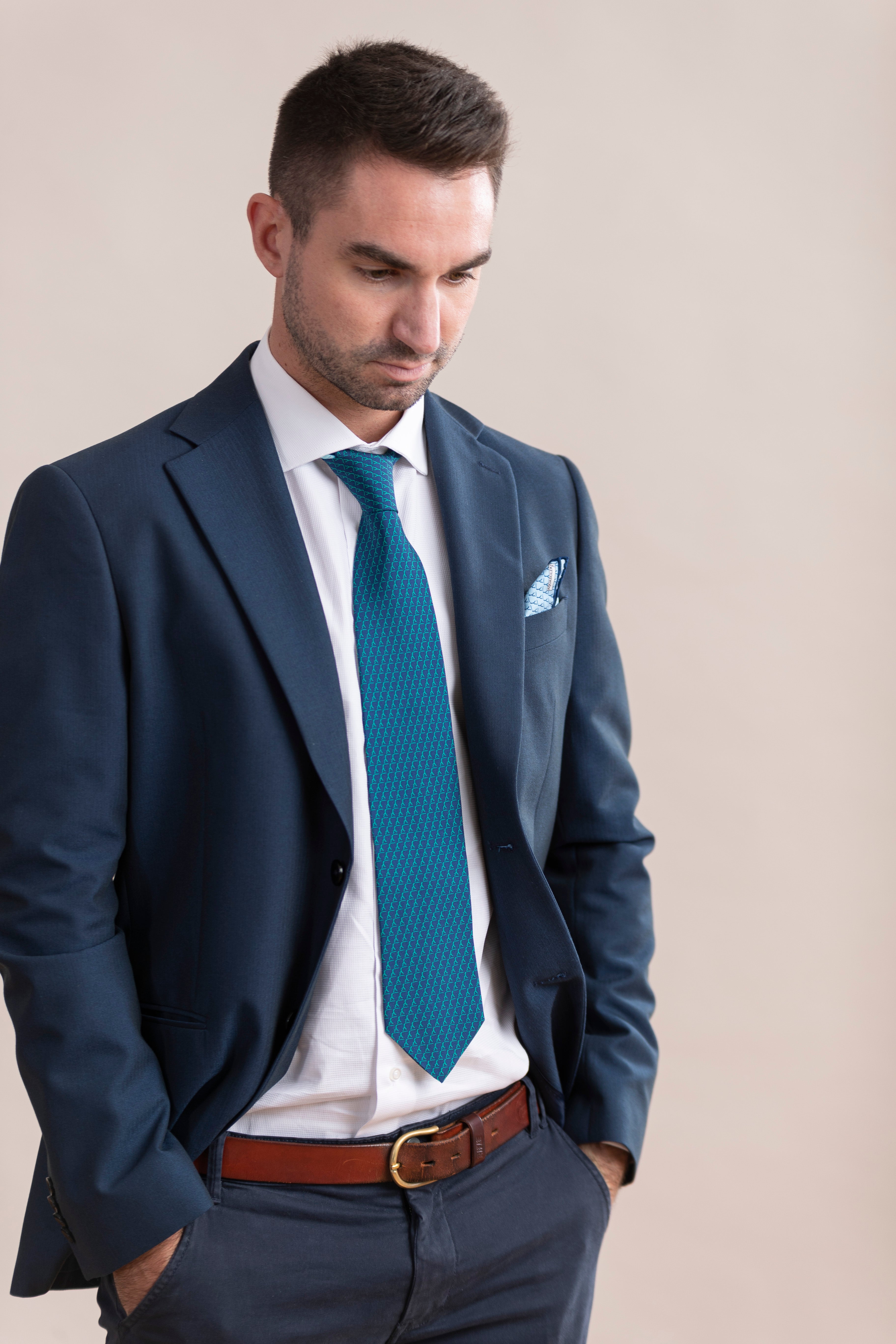 Cravatta Pura Seta | Blu con Logo Verde
