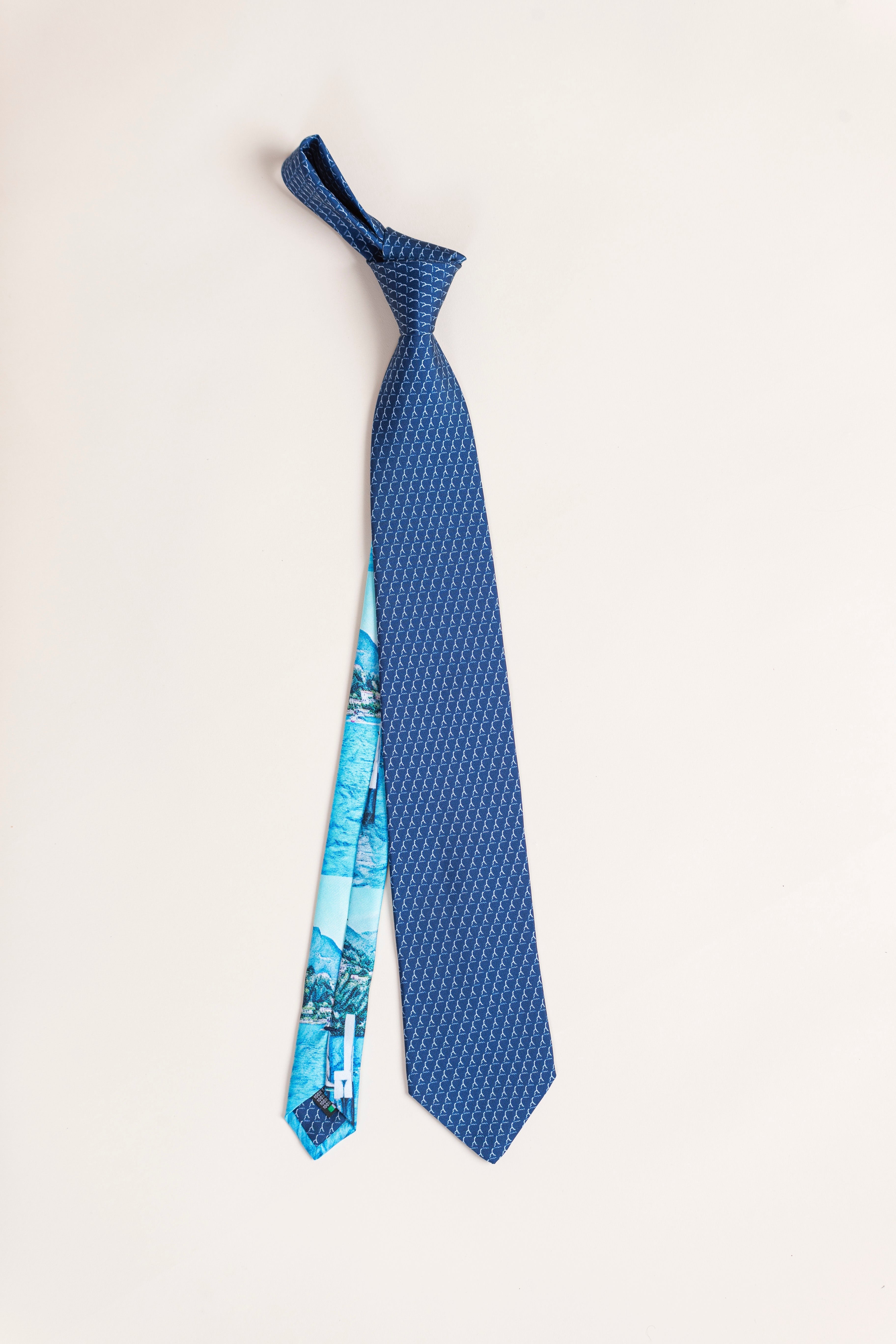 Pure Silk Tie | Blue with White Logo & Colorful Tail