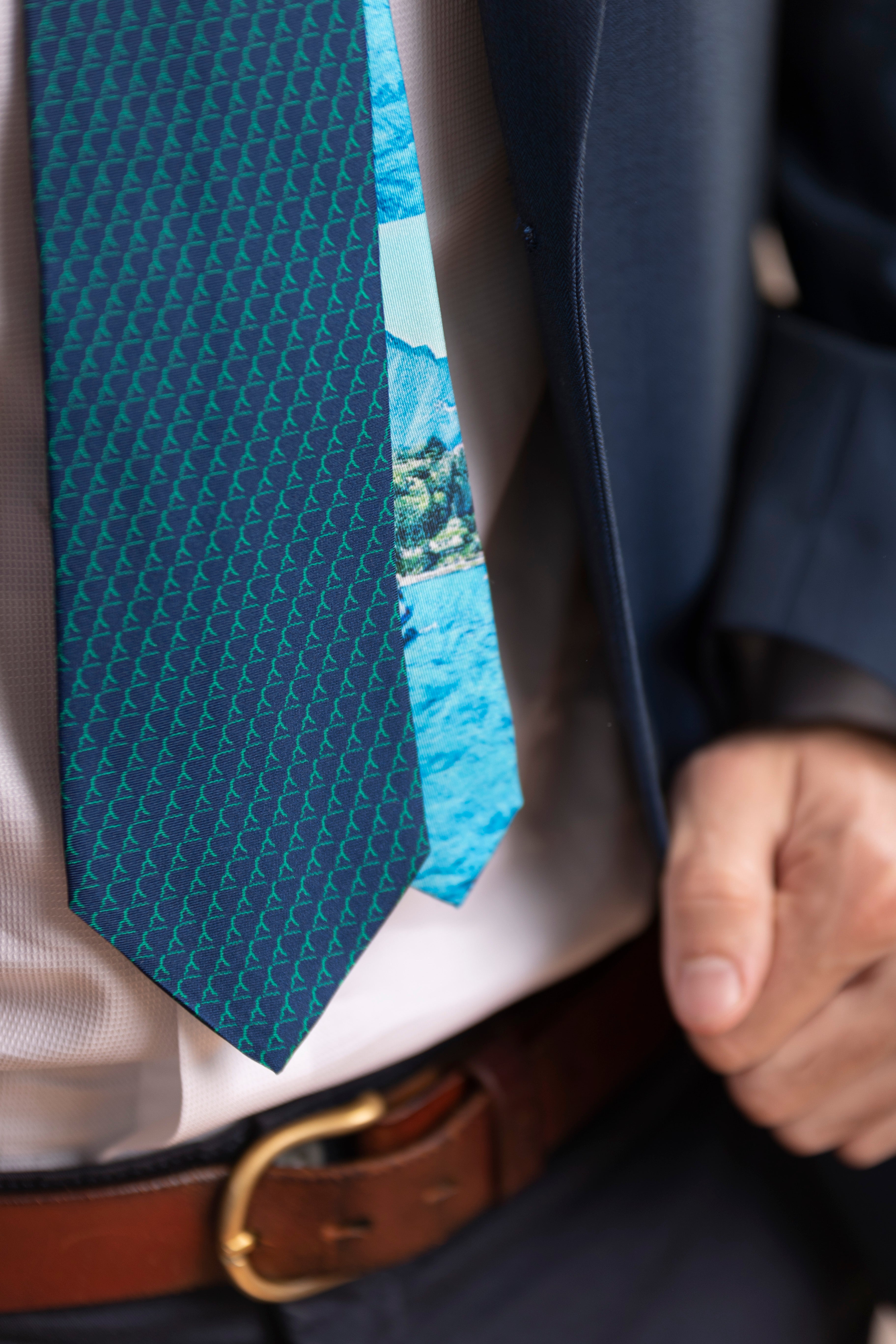 Pure Silk Tie | Blue with Green Logo & Colorful Tail